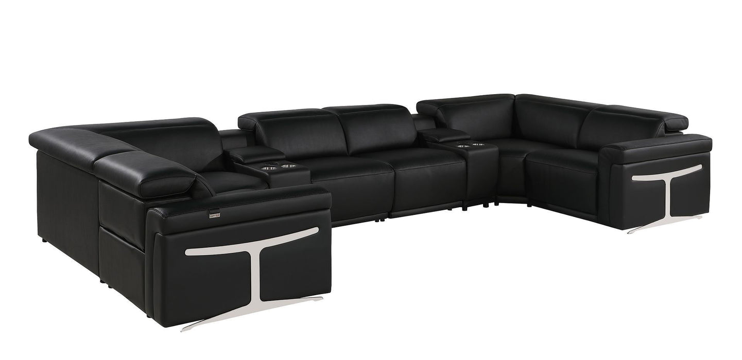 Italian Leather Power Reclining U Shaped Eight Piece Sectional With Console - Black