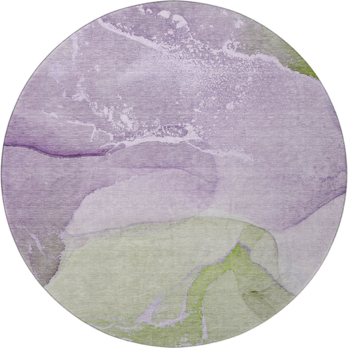 8' Abstract Washable Round Rug With UV Protection (647209) - Purple / Green / Ivory