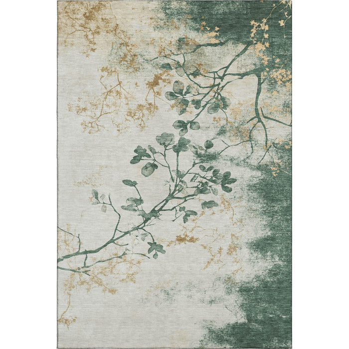 10' X 14' Floral Washable Area Rug With UV Protection (701581) - Emerald / Ivory / Gold