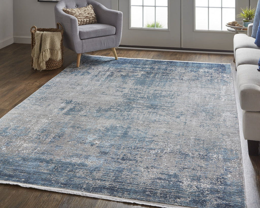 12' x 18' Abstract Power Loom Distressed Area Rug - Blue Gray And Silver