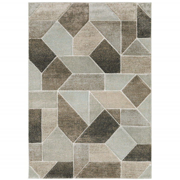 8' x 11' Geometric Power Loom Stain Resistant Area Rug - Gray Brown Beige Tan Taupe And Ivory