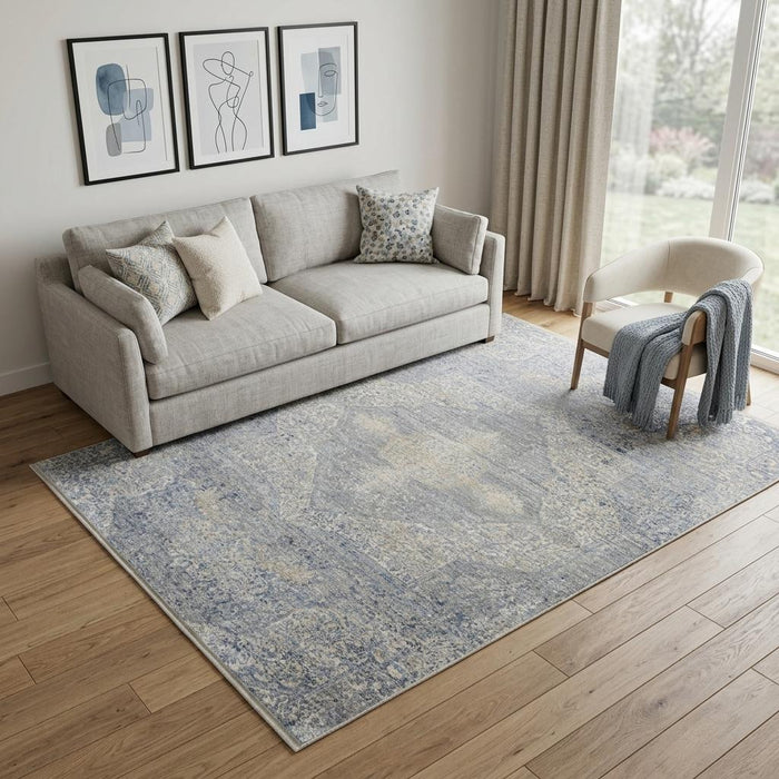 5' X 8' Floral Non Skid Area Rug With Fringe (550260) - Blue / Gray / Cream