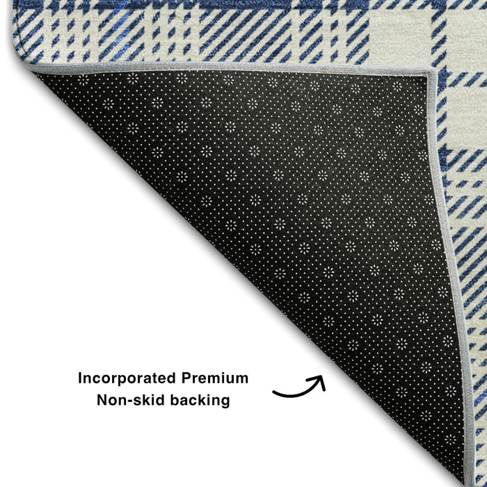 10' X 14' Plaid Washable Area Rug With UV Protection (678251) - Navy Blue / Ivory