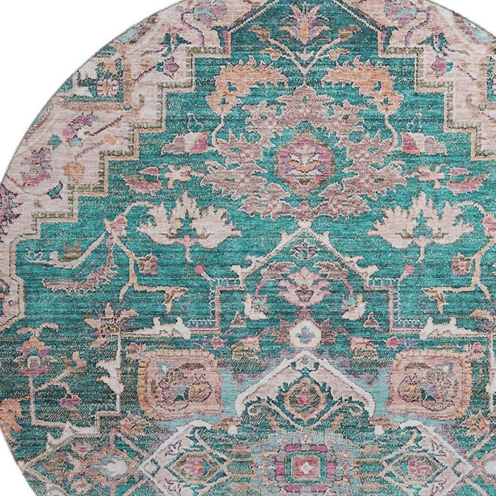 8' Floral Medallion Washable Round Rug With UV Protection - Emerald