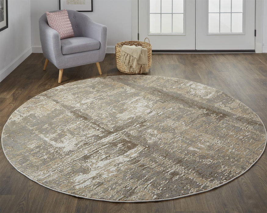 7.8' x 7.8' Round Abstract Area Rug - Tan Ivory And Brown