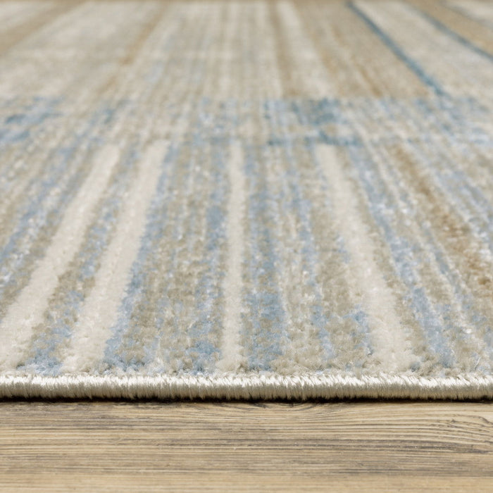 10' x 13' Geometric Power Loom Stain Resistant Area Rug With Fringe - Blue Dark Blue Teal Gray Ivory Beige And Tan