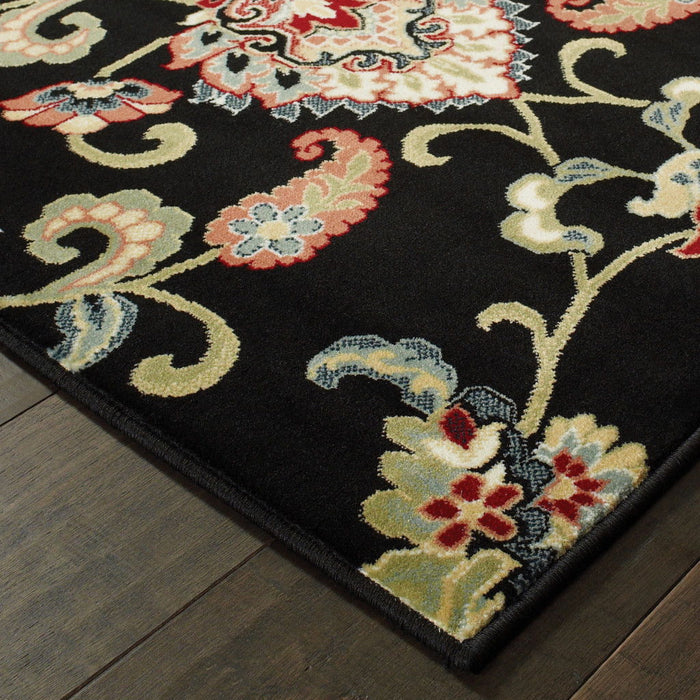 10' x 13' Floral Power Loom Stain Resistant Area Rug - Black Red Green Ivory Salmon And Yellow