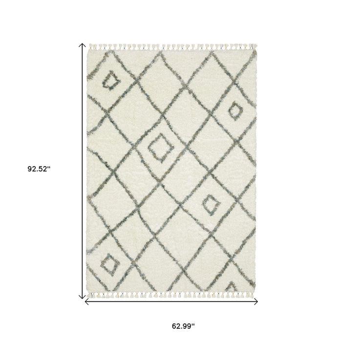 5' X 8' Diamond Shag Area Rug With Fringe - Ivory