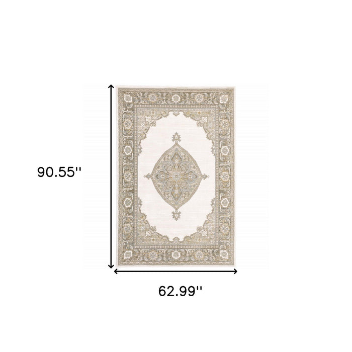 5' x 7' Oriental Power Loom Area Rug - Ivory And Beige
