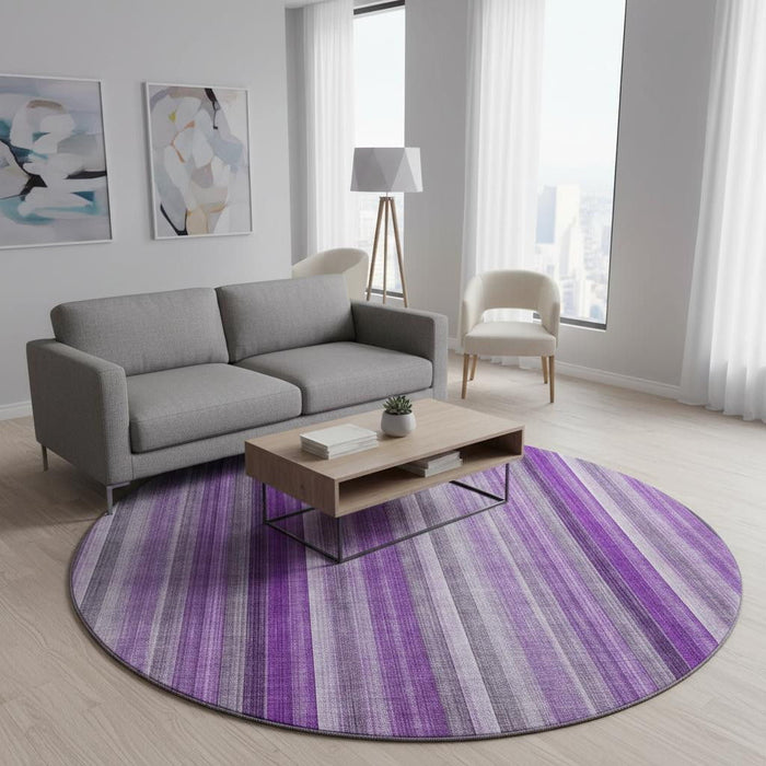 8' Striped Washable Round Rug With UV Protection (648403) - Purple / Ivory