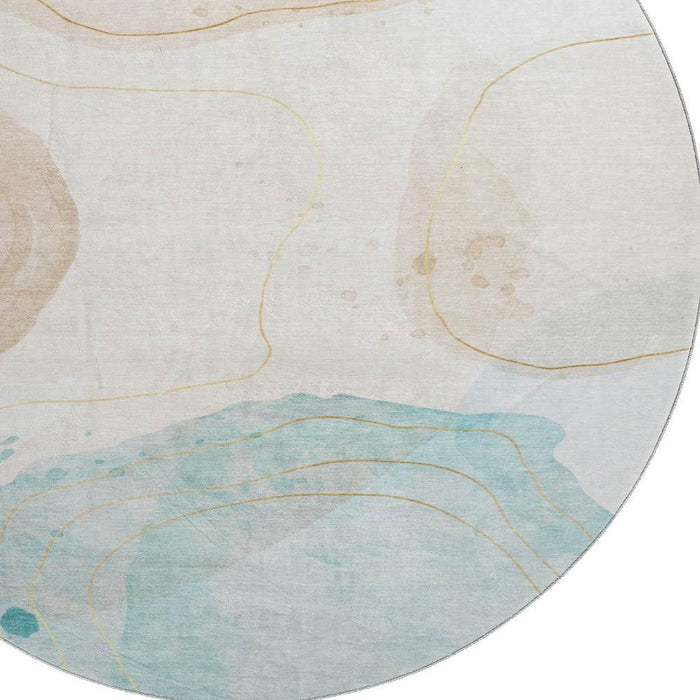 8' Abstract Washable Round Rug With UV Protection (648457) - Beige / Ivory / Teal