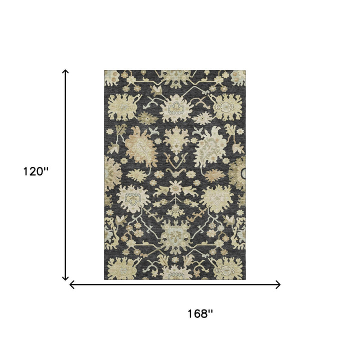 10' X 14' Floral Medallion Washable Area Rug With UV Protection (686843) - Black / Beige / Gold