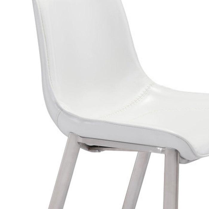 Set of two white and silver steel low back bar height chairs by HomeRoots, featuring modern design and bar stool style.