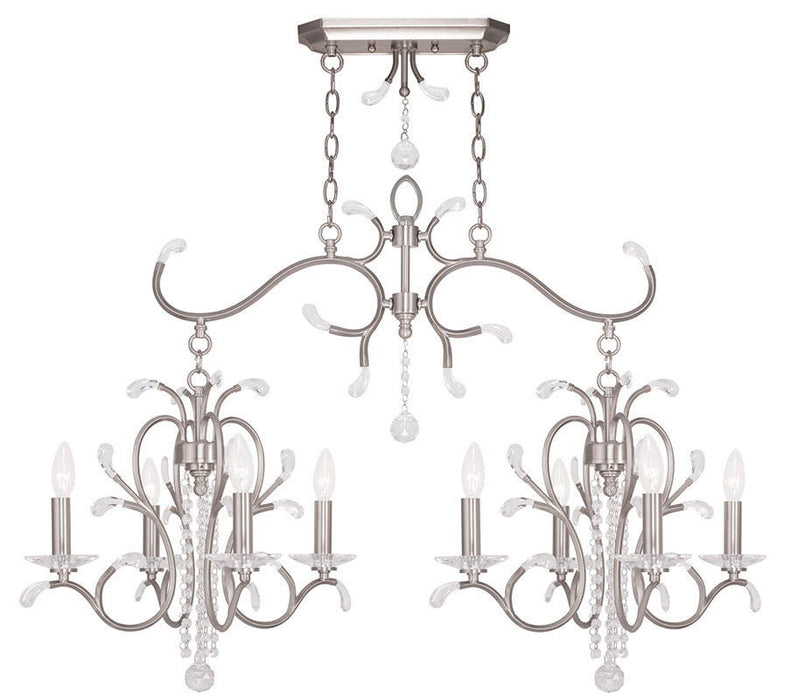 HomeRoots 29-inch metal chandelier with eight lights, dimmable, featuring clear shades and a nickel finish.