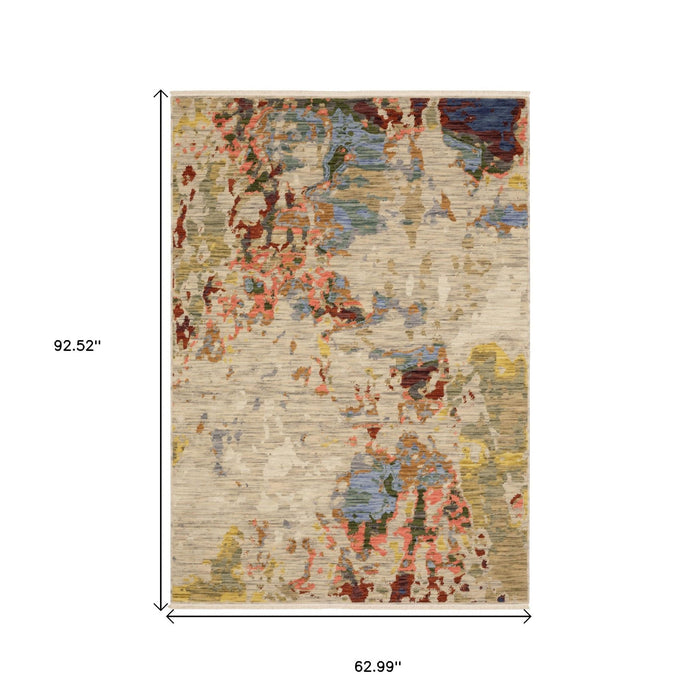 5' X 8' Abstract Area Rug With Fringe - Beige And Light Blue