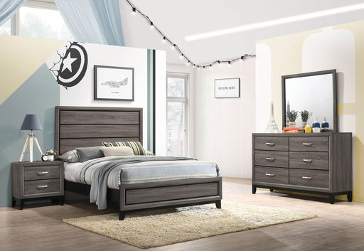 CoasterEveryday Watson four-piece full bedroom set in grey oak finish with a bed, dresser, mirror, and nightstands.