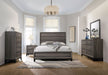 CoasterEveryday Watson five-piece California King bedroom set in grey oak, includes bed frame, nightstands, and dresser.