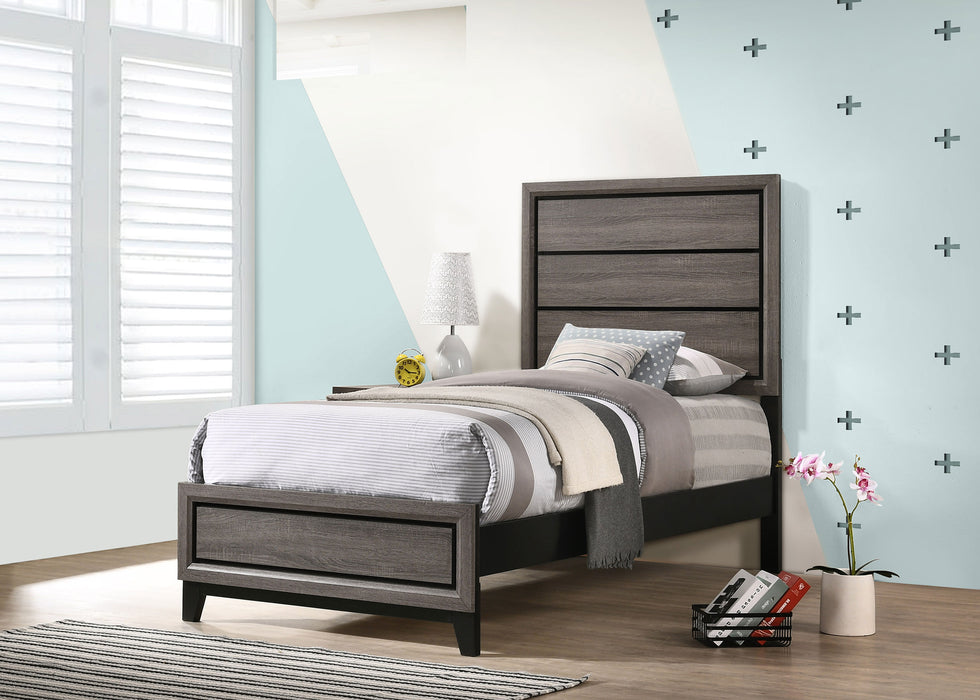 Grey oak Watson Wood Twin Panel Bed by CoasterEveryday, showcasing a modern wooden furniture bed frame with panel design.