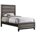 Wood twin panel bed in grey oak finish with a sturdy frame and clean lines, perfect for a modern bedroom setting.