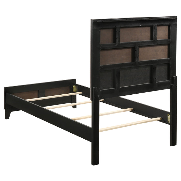 Grey oak Watson Wood Twin Panel Bed by CoasterEveryday, showcasing a modern wooden bed frame with panel headboard and sturdy design.