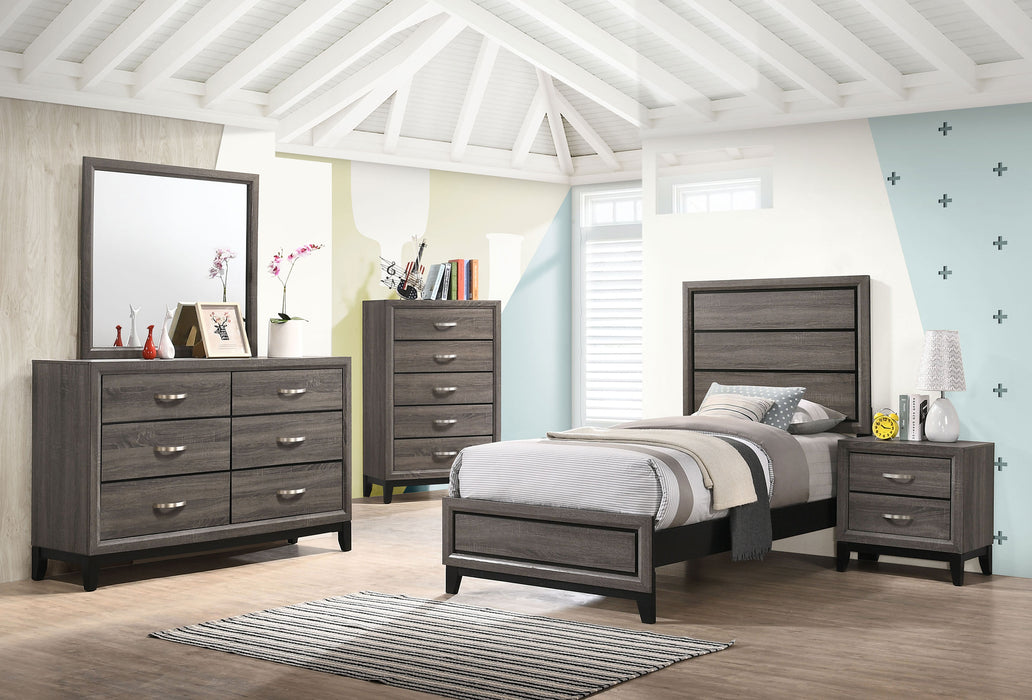 Grey oak Watson Wood Twin Panel Bed by CoasterEveryday featuring a sturdy wooden frame and panel headboard.