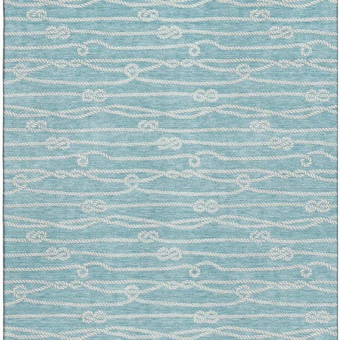 10' X 14' Nautical Washable Area Rug With UV Protection - Teal Blue And Ivory