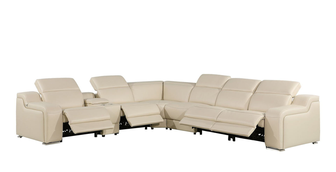 Leather Power Reclining Curved Seven Piece Corner Sectional With Console - Beige