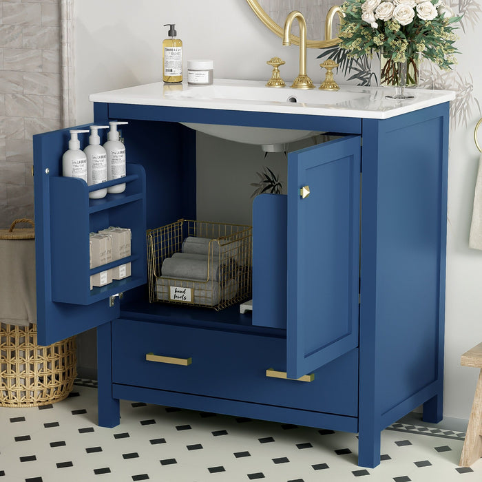 Giga bathroom vanity with single undermount sink, wood frame, two doors, drawer, soft-close, multifunctional storage.