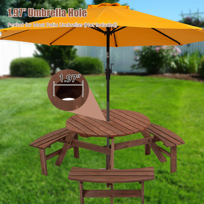 Giga 6-person circular outdoor wooden picnic table with three built-in benches, ideal for patio, backyard, or garden dining.