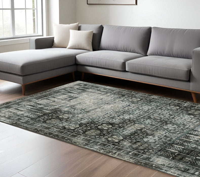 6' x 9' Oriental Power Loom Stain Resistant Area Rug - Charcoal Gray Blue Ivory And Taupe