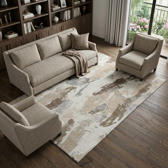 10' X 14' Abstract Washable Area Rug With UV Protection (694652) - Ivory / Khaki / Taupe