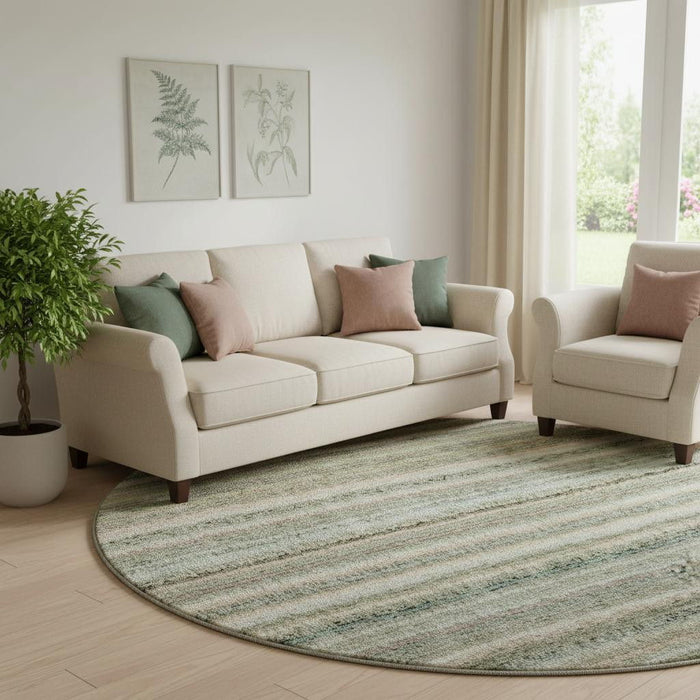 8' Striped Washable Round Rug With UV Protection (650815) - Sage / Ivory