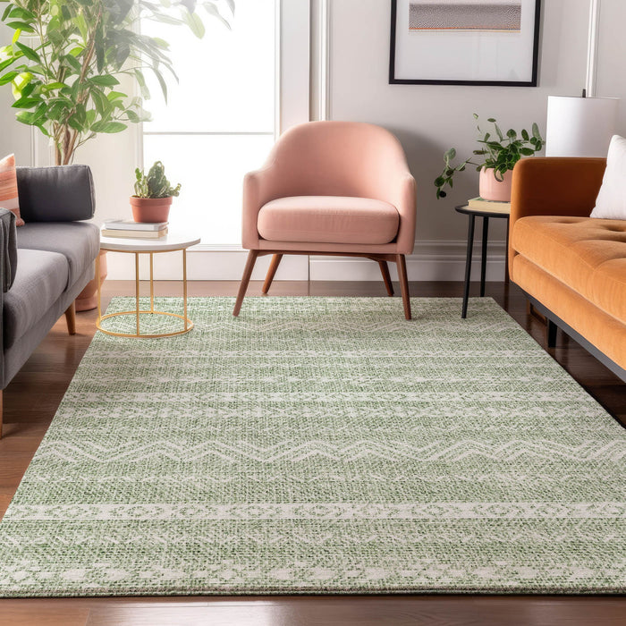 10' X 14' Southwestern Washable Area Rug With UV Protection - Artichoke Green And Ivory
