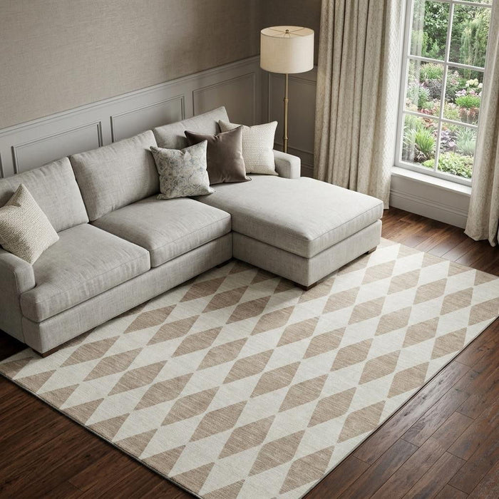 10' X 14' Diamond Washable Area Rug With UV Protection (650134) - Taupe / Ivory