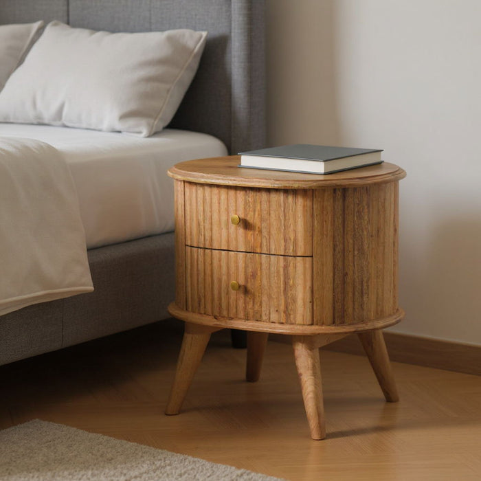 20" Solid Wood Oval Ribbed Texturere Two Drawer Nightstand - Natural