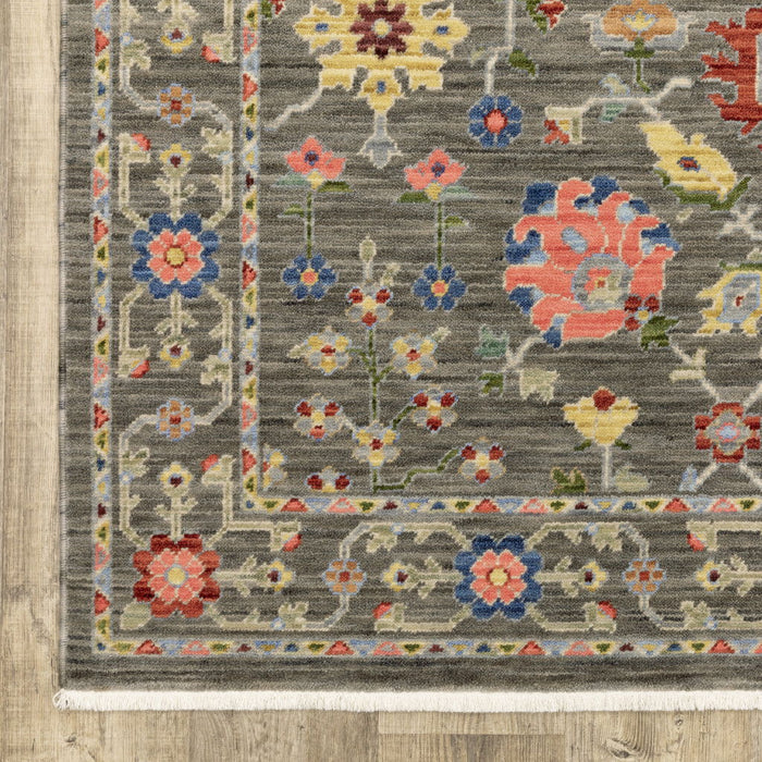 8' x 11' Oriental Power Loom Stain Resistant Area Rug With Fringe - Gray Salmon Pink Gold Blue Rust Deep Blue Ivory And Green