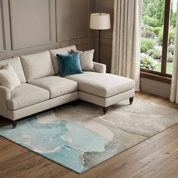 9' X 12' Abstract Washable Area Rug With UV Protection (647217) - Teal / Beige / Ivory