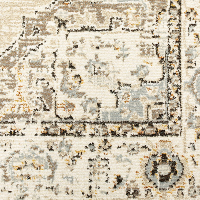 7.9' x 7.9' Round Oriental Power Loom Area Rug - Beige And Ivory