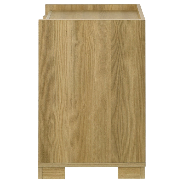 Natural wood Hyland 2-drawer nightstand by CoasterEveryday, featuring a compact bedside table with two drawers for bedroom storage.