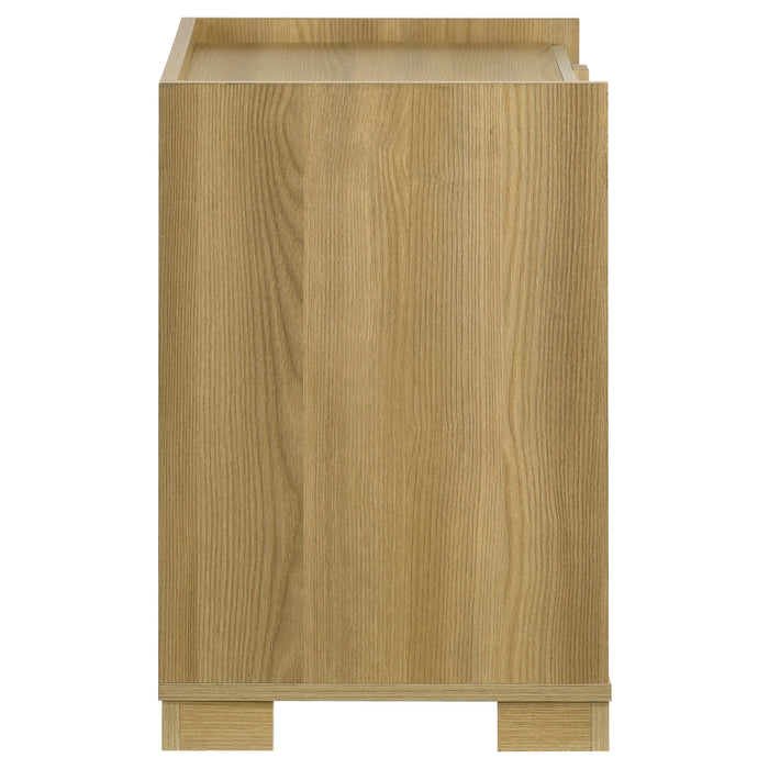CoasterEveryday Hyland 2-drawer nightstand bedside table in natural wood finish, showcasing sleek design and functional storage.
