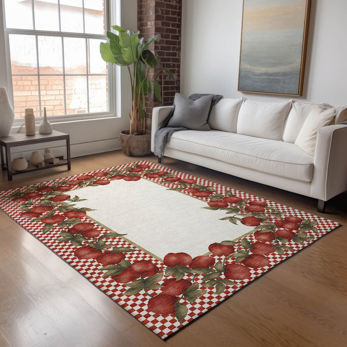 9' X 12' Geometric Washable Area Rug With UV Protection - Red And Ivory