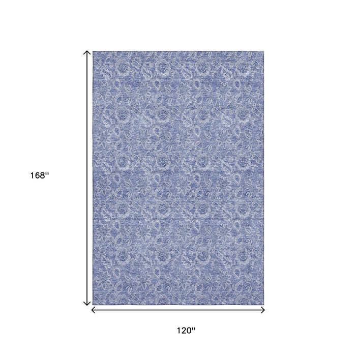 10' X 14' Floral Washable Area Rug With UV Protection (655138) - Denim Blue / Ivory