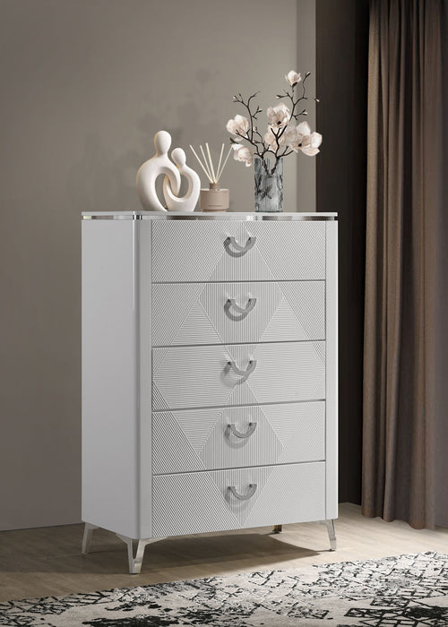 White high gloss Cassia 5-drawer bedroom chest of drawers by CoasterEveryday, showing sleek modern furniture with five spacious drawers.