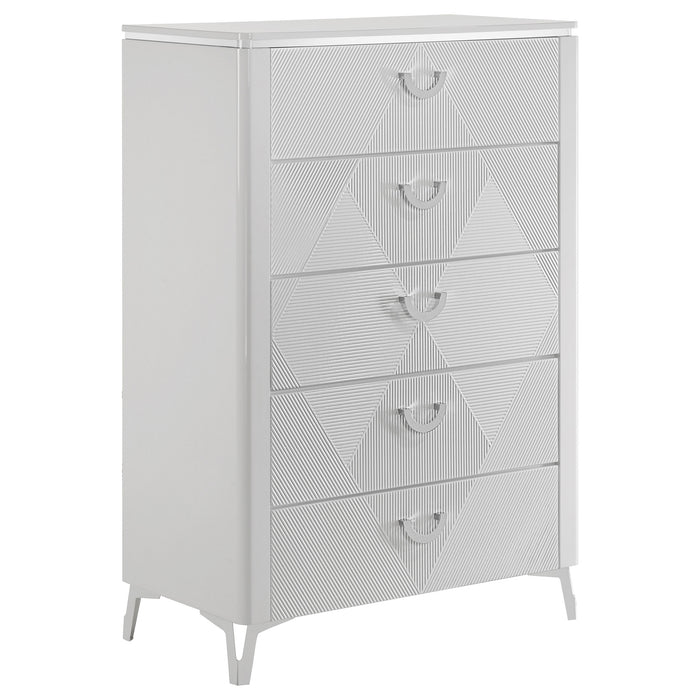 White high gloss Cassia 5-drawer bedroom chest of drawers by CoasterEveryday, showcasing sleek modern furniture design.