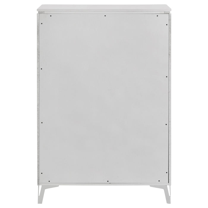 White high gloss Cassia 5-drawer bedroom chest of drawers by CoasterEveryday showing sleek modern furniture with silver handles