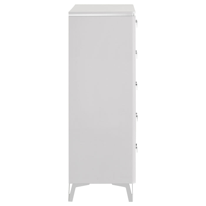 White high gloss Cassia 5-drawer bedroom chest of drawers by CoasterEveryday, showcasing sleek modern furniture design.