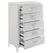 White high gloss CoasterEveryday Cassia 5-drawer bedroom chest of drawers with sleek modern design and silver handles.