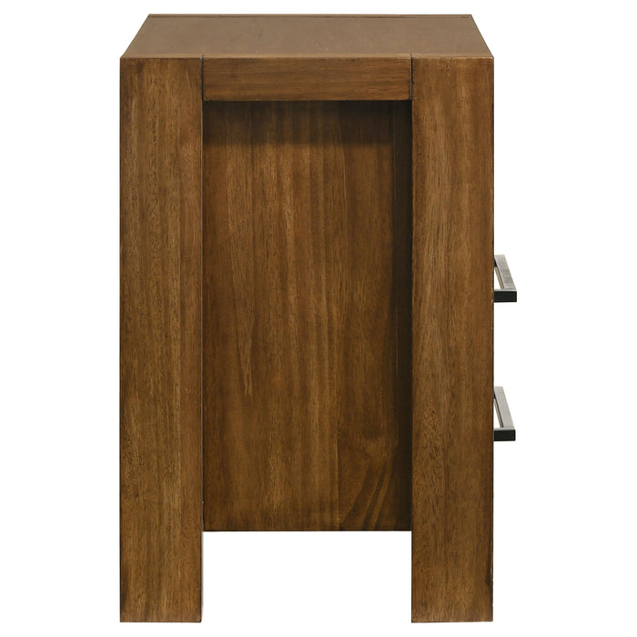 Warm brown Adderley 2-drawer nightstand by CoasterEveryday, featuring a sleek wooden design and functional bedside storage.