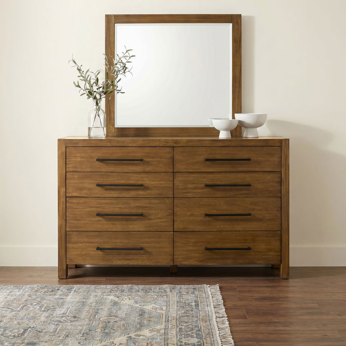 CoasterEveryday Adderley 8-drawer bedroom dresser with matching mirror in warm brown wood finish, showcasing sleek furniture design.