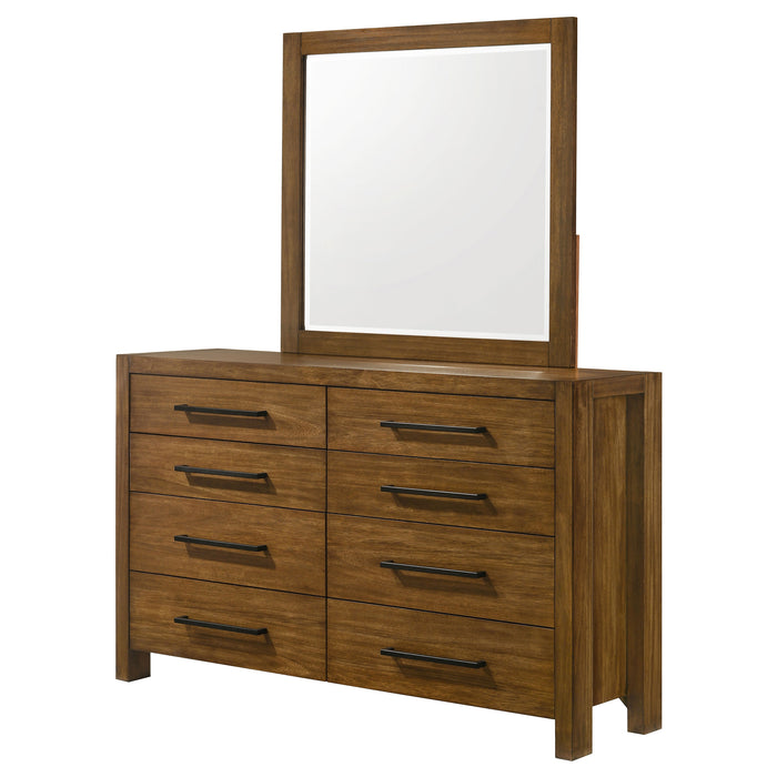 CoasterEveryday Adderley 8-drawer bedroom dresser with mirror in warm brown wood finish, showcasing spacious drawers and elegant design.
